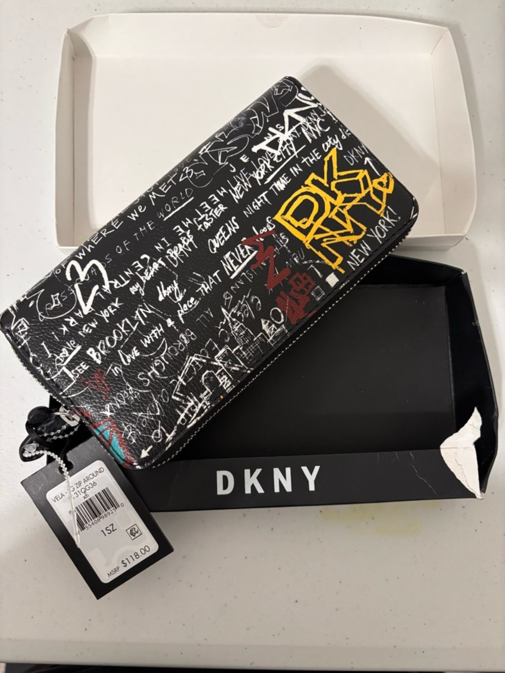 DKNY Vela Large Size Zip Around Wallet Clutch Black Graffiti Print New In Box - Picture 2 of 3